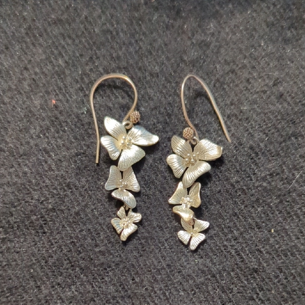 Silver Tone Floral Dangle Drop Statement Earrings